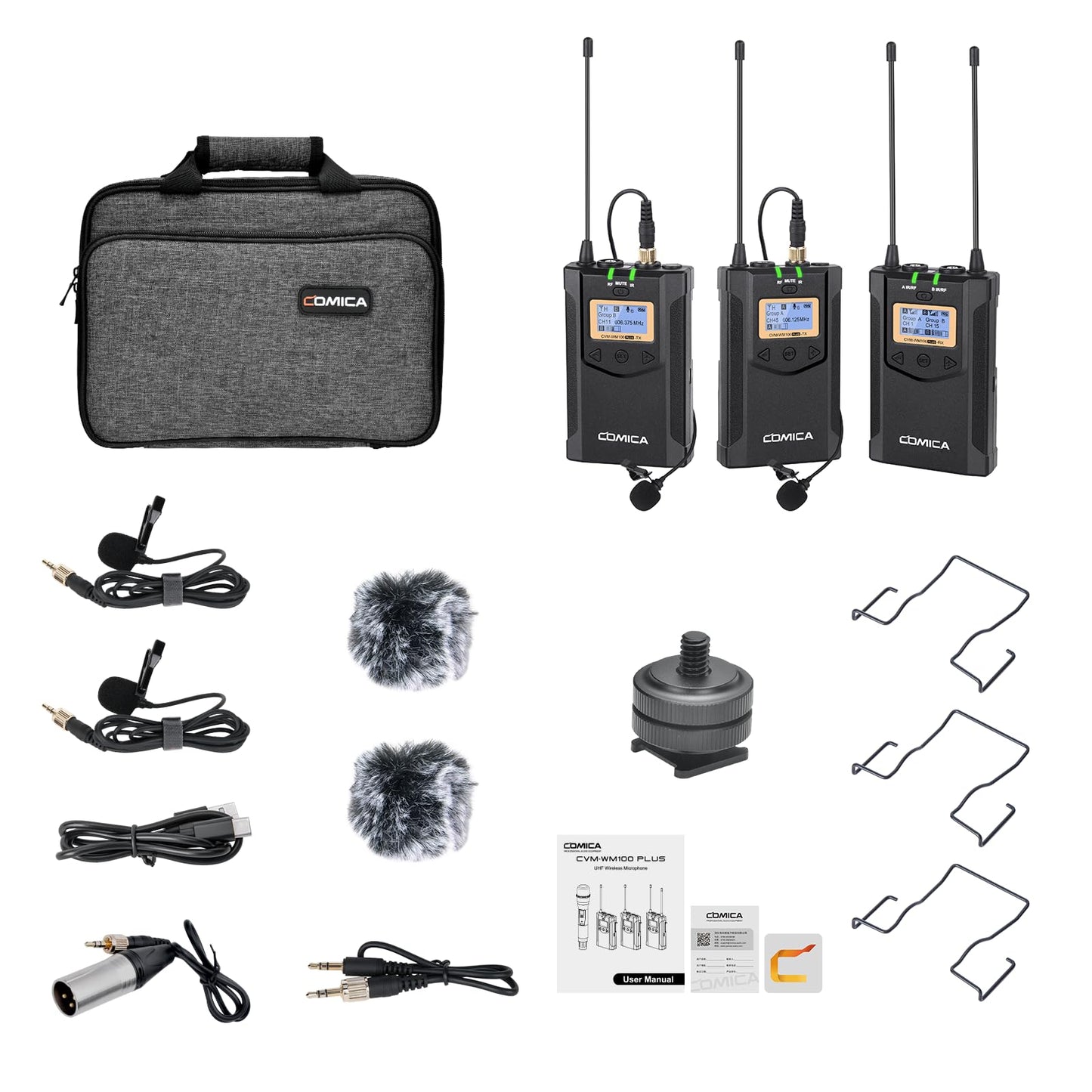 Comica CVM-WM100PLUS - Wireless Microphone System for Cameras, Camcorders, Smartphones, Laptops, Professional UHF Wireless Lavalier Lapel Microphone with Dual-Channel Recording, AA Batteries