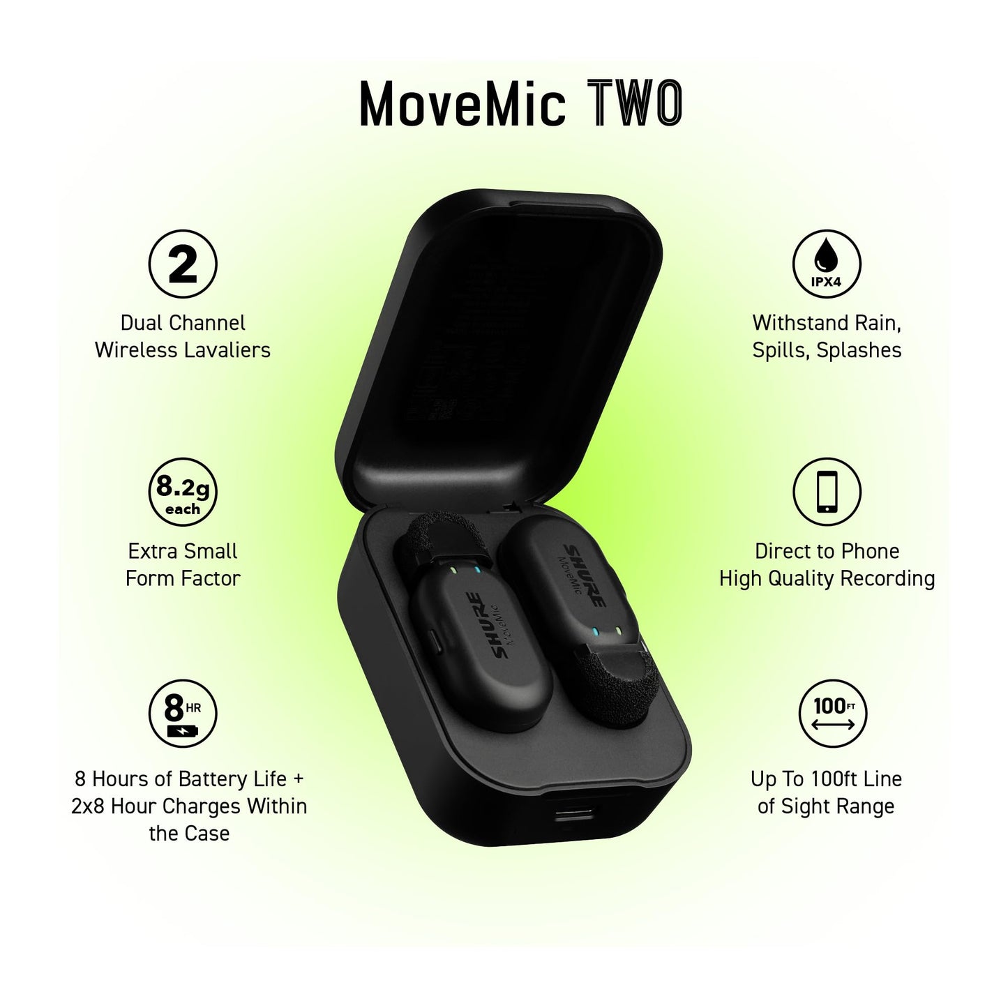 Shure MoveMic Two - Pro Direct to Phone Wireless Lavalier Microphones for iPhone & Android, 2 Bluetooth Mini Mics, 24 Hours Charge, Quick Set Up, IPX4, Compact & Portable Clip Lavs (MV-Two-Z7)