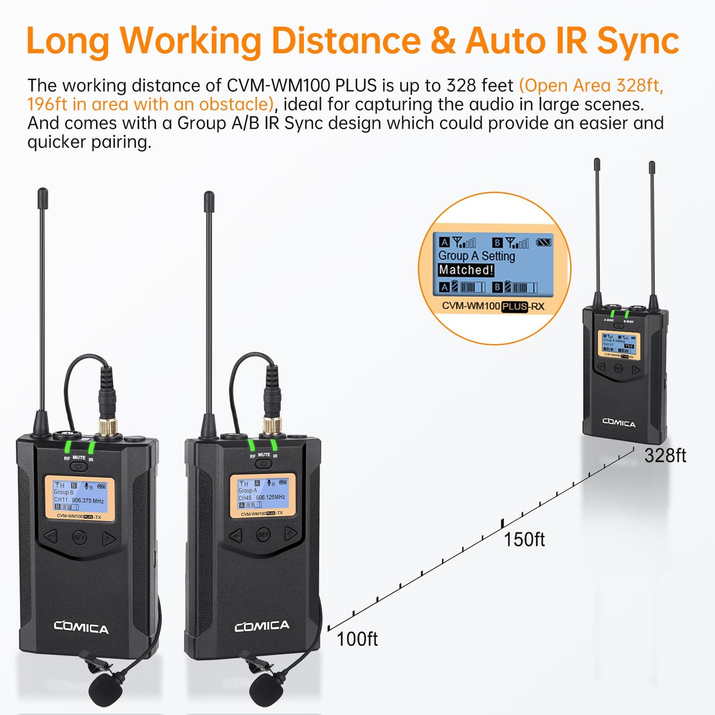 Comica CVM-WM100PLUS - Wireless Microphone System for Cameras, Camcorders, Smartphones, Laptops, Professional UHF Wireless Lavalier Lapel Microphone with Dual-Channel Recording, AA Batteries