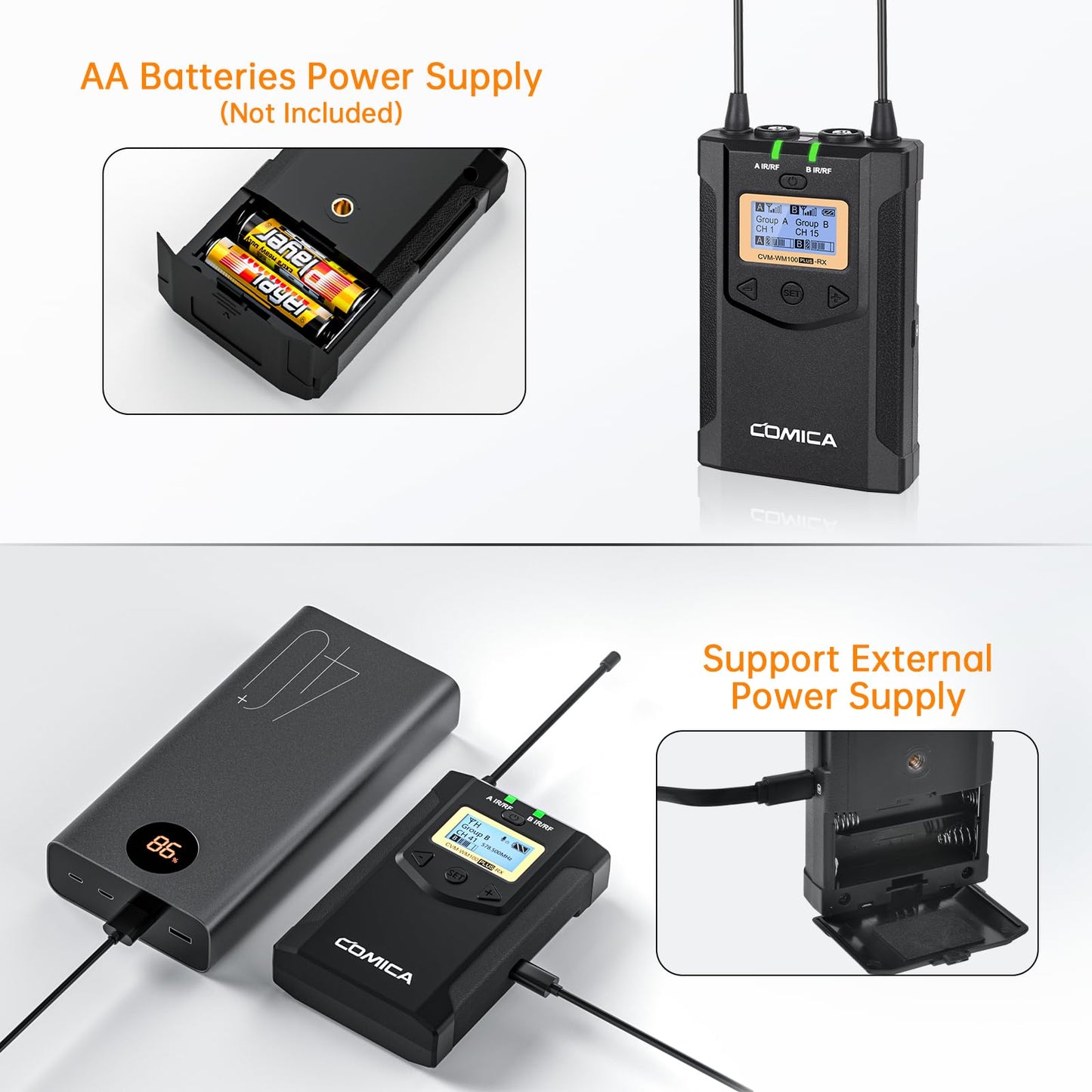 Comica CVM-WM100PLUS - Wireless Microphone System for Cameras, Camcorders, Smartphones, Laptops, Professional UHF Wireless Lavalier Lapel Microphone with Dual-Channel Recording, AA Batteries