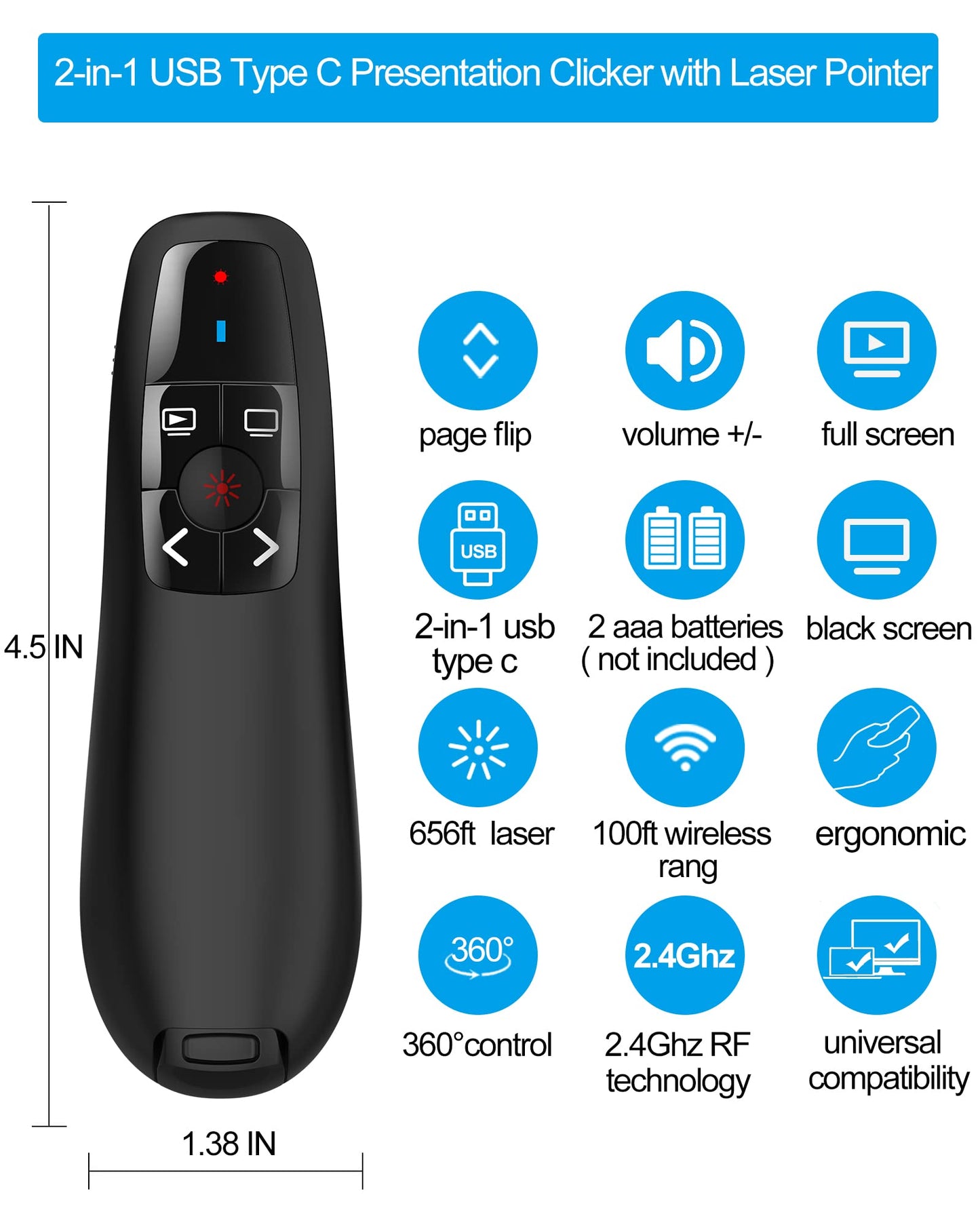 Wireless Presentation Clicker Presenter Remote: 30-Pack USB Type C PowerPoint Clicker with Red Pointer Long Range PPT Control - Universal Power Point Slide Advancer for Mac MacBook Laptop PC Computer