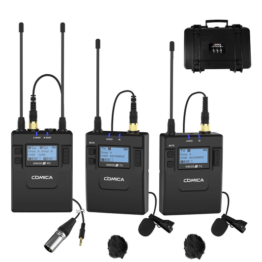 comica CVM-WM300A 96-Channel UHF Wireless Lavalier Microphone System Compatible with Cameras, Camcorders and Smartphones, Perfect for YouTube Podcast Vlog Video Recording and Interview(2TX+1RX)