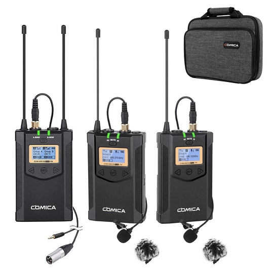 Comica CVM-WM100PLUS - Wireless Microphone System for Cameras, Camcorders, Smartphones, Laptops, Professional UHF Wireless Lavalier Lapel Microphone with Dual-Channel Recording, AA Batteries