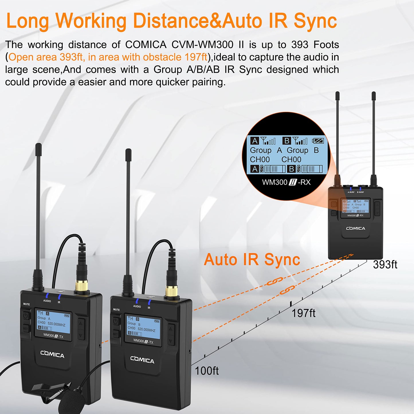 comica CVM-WM300A 96-Channel UHF Wireless Lavalier Microphone System Compatible with Cameras, Camcorders and Smartphones, Perfect for YouTube Podcast Vlog Video Recording and Interview(2TX+1RX)