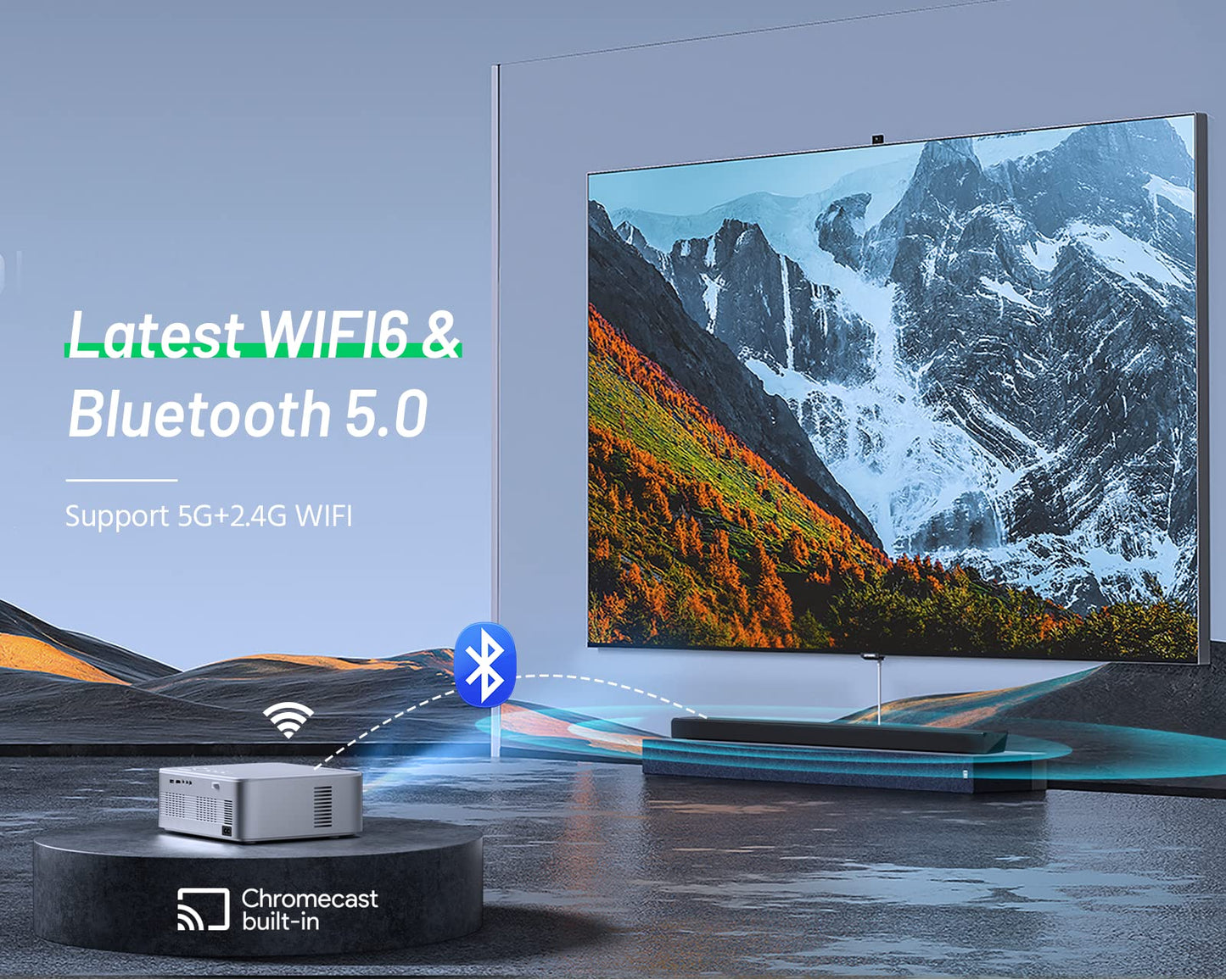 Projector 4K Support with 5G WiFi Bluetooth, CIBEST Android TV 10 Native 1080P Full-Sealed Optical Engine Home Movie Outdoor Projector with Netflix/Prime Video Built-in, Autofocus, Apps, Stereo Sound