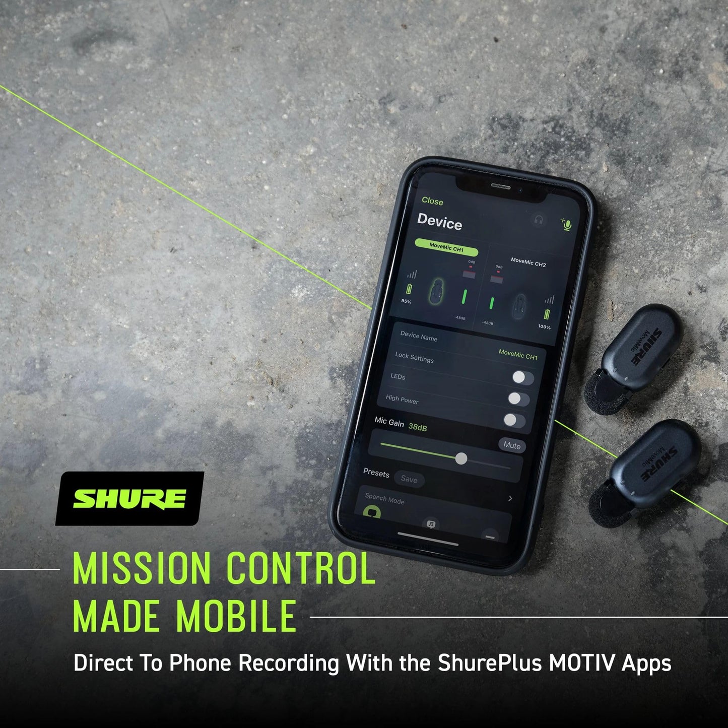 Shure MoveMic Two - Pro Direct to Phone Wireless Lavalier Microphones for iPhone & Android, 2 Bluetooth Mini Mics, 24 Hours Charge, Quick Set Up, IPX4, Compact & Portable Clip Lavs (MV-Two-Z7)