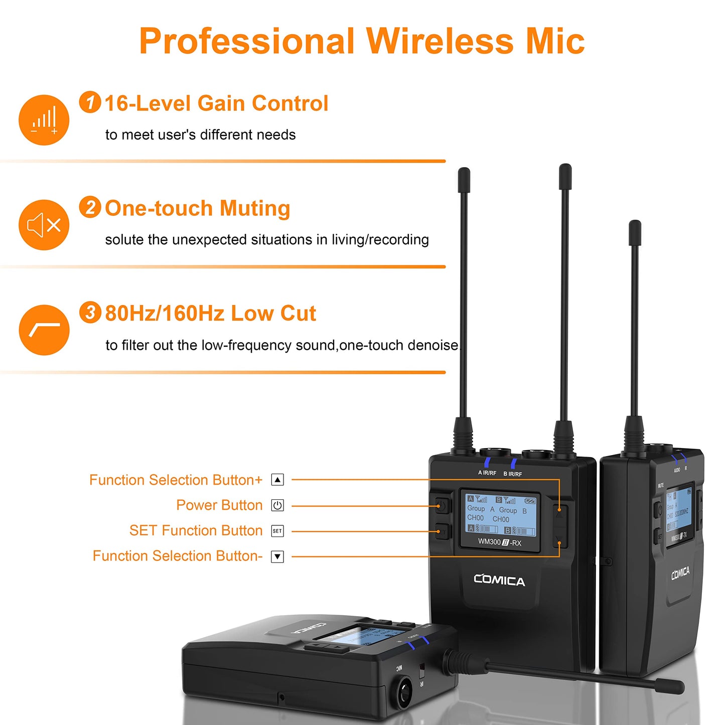 comica CVM-WM300A 96-Channel UHF Wireless Lavalier Microphone System Compatible with Cameras, Camcorders and Smartphones, Perfect for YouTube Podcast Vlog Video Recording and Interview(2TX+1RX)